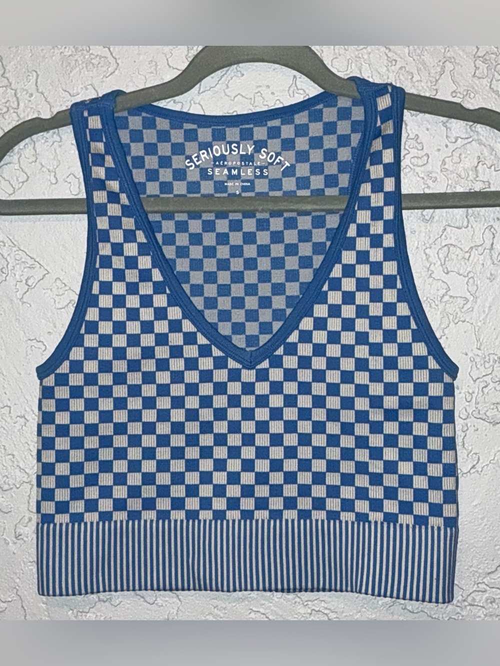 Aeropostale Blue and White Checker V-Neck Cropped Tank